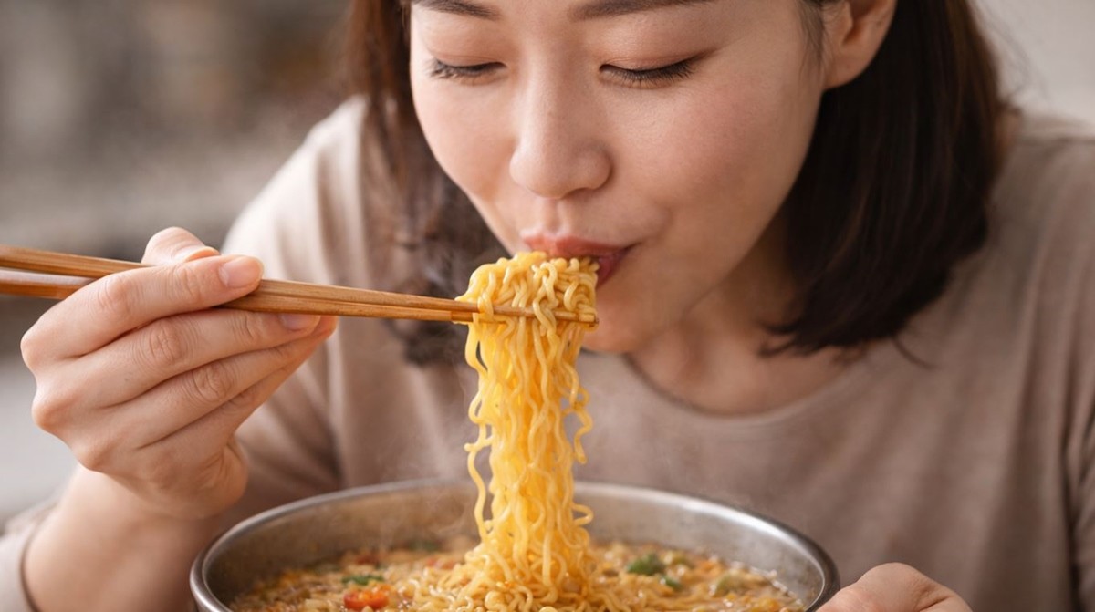 청주를 넣어 끓인 라면을 맛있게 먹는 모습. 기사 이해를 돕기 위해 AI를 활용해 제작한 자료 사진입니다. 실제 모습과 다소 차이가 있을 수 있습니다.