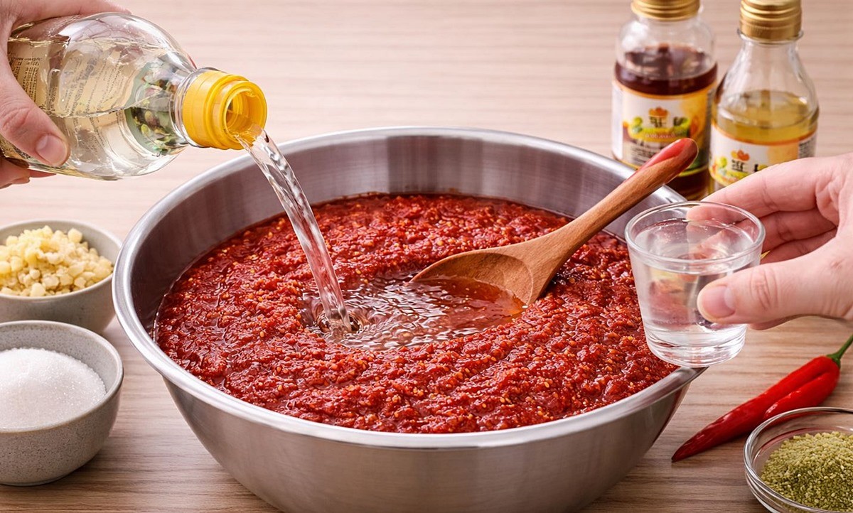 준비한 고추장에 식초(오른쪽)와 소주(소주잔 기준 1컵 정도)를 넣는 모습. 기사 이해를 돕기 위해 AI를 활용해 제작한 자료 사진입니다. 실제 모습과 다소 차이가 있을 수 있습니다.