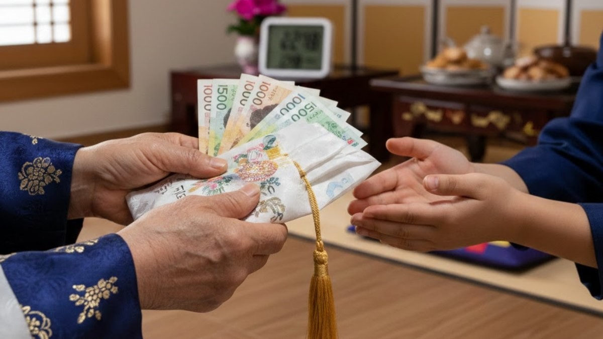 설에 새뱃돈을 주고 받는 모습. AI가 생성한 자료사진.