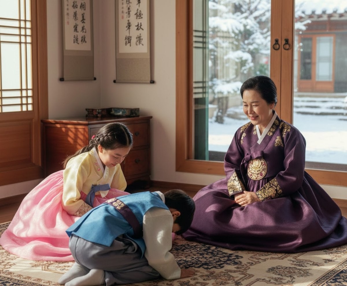 설에 새배를 하는 아이들과 새배를 받는 어른. AI가 생성한 자료사진.