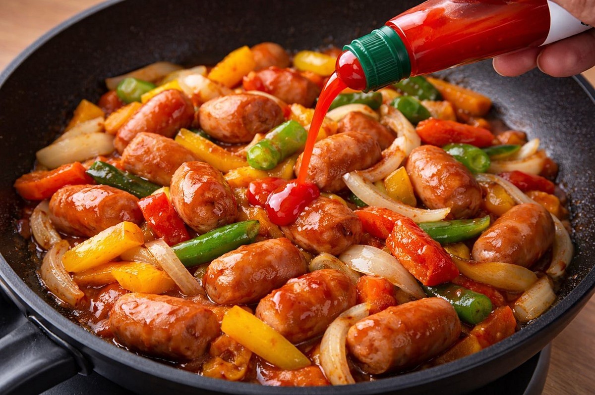 소시지야채볶음에 핫소스를 넣는 모습. 기사 이해를 돕기 위해 AI를 활용해 제작한 자료 사진입니다. 실제 모습과 다소 차이가 있을 수 있습니다.