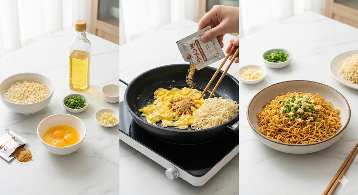볶음 라면 요리에 필요한 재료들과 만드는 과정 / AI 생성 이미지