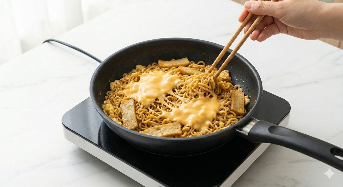 볶음 마지막 단계에서 치즈, 어묵 등 취향에 맞게 부재료를 추가해주면 완성이다. / AI 생성 이미지