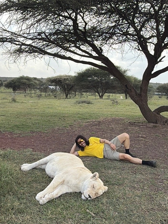 사자와 나란히 누워 있는 노홍철 / 노홍철 인스타그램