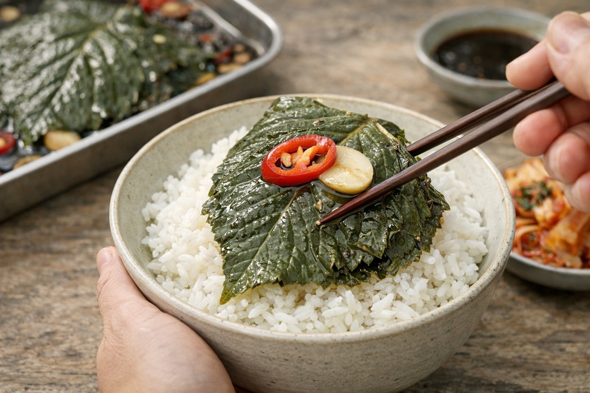 다시마 육수를 넣어 만든 깻잎장아찌를 맛있게 먹는 모습. 기사 이해를 돕기 위해 AI를 활용해 제작한 자료 사진입니다. 실제 모습과 다소 차이가 있을 수 있습니다.