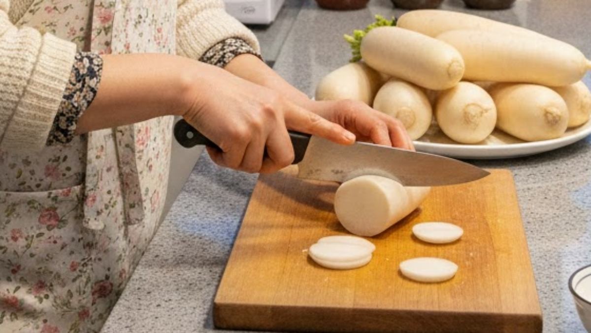 겨울 무를 자르는 모습. AI가 생성한 자료사진.