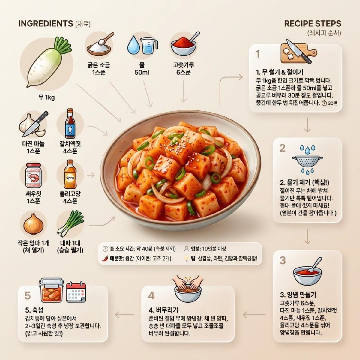 [인포그래픽] 유튜브 채널 '집밥 korean home cooking'에서 소개된 겨울 무 김치 레시피 소개.