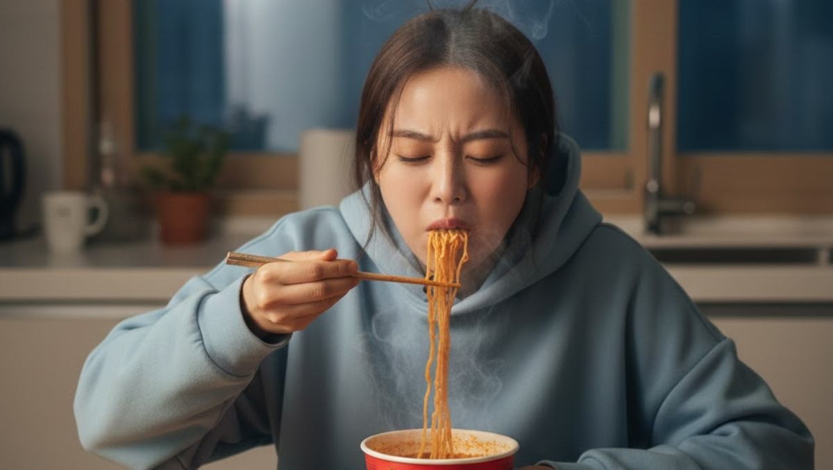 컵라면을 맛있게 먹는 사람. AI가 생성한 자료사진.