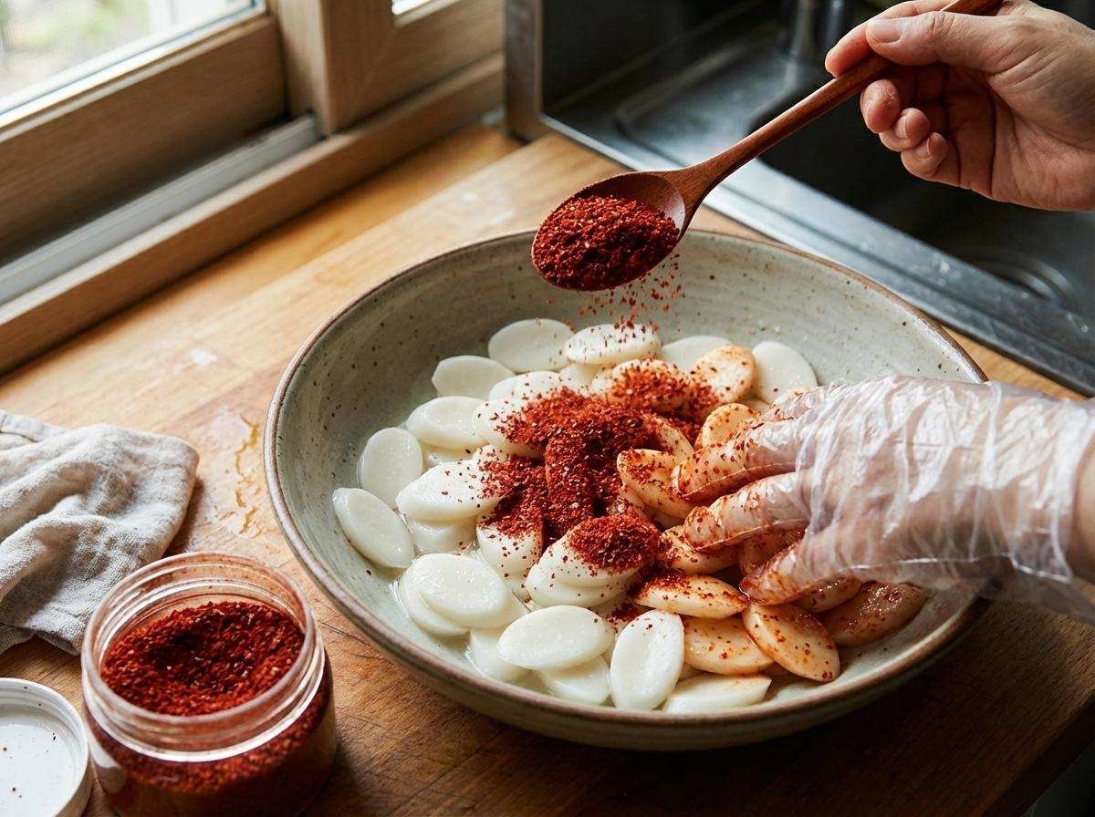 떡국떡에 고춧가루 입히기. 기사 내용 토대로 AI툴 활용해 제작한 자료사진.