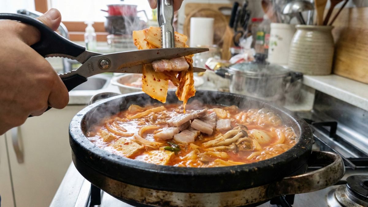 음식을 가위로 자르는 모습 (AI로 제작됨)