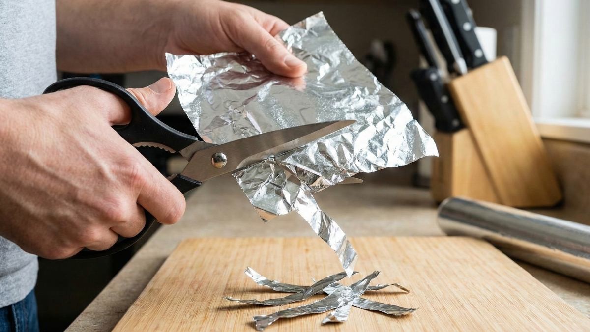 은박지를 가위로 자르는 모습 (AI로 제작됨)