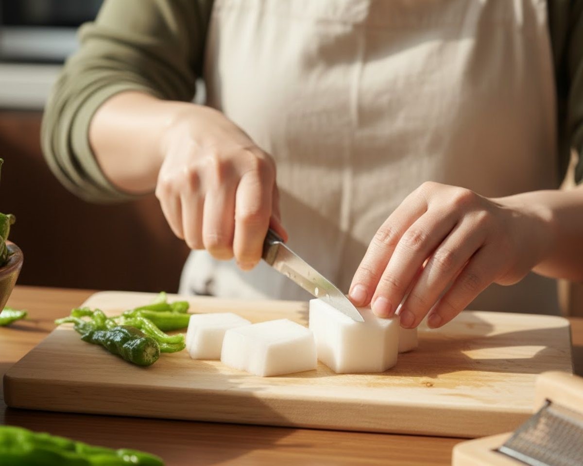 무와 꽈리고추를 손질하는 모습. AI가 생성한 자료사진.