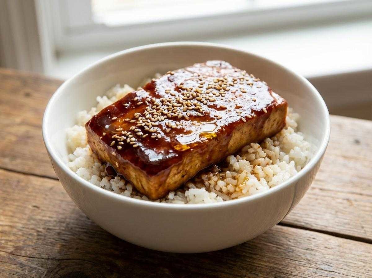 완성된 두부스테이크(두부조림)덮밥. 기사 내용 토대로 AI툴 활용해 제작한 자료사진.