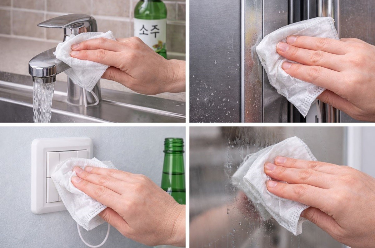 소주를 묻힌 마스크로 집안 곳곳을 청소하는 모습. 기사 이해를 돕기 위해 AI를 활용해 제작한 자료 사진입니다. 실제 모습과 다소 차이가 있을 수 있습니다.