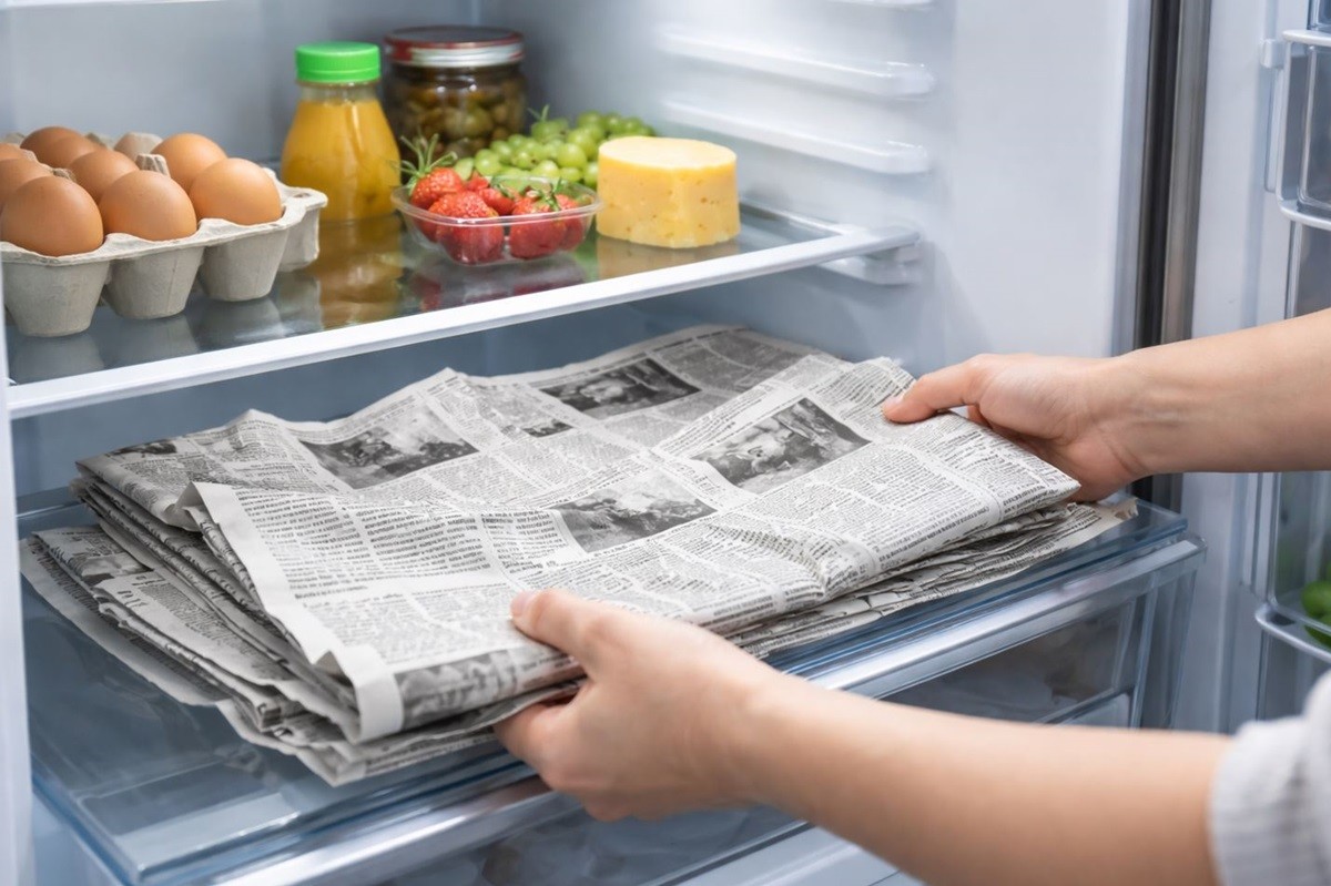 냉장고에 신문지를 넣는 모습. 기사 이해를 돕기 위해 AI를 활용해 제작한 자료 사진입니다. 실제 모습과 다소 차이가 있을 수 있습니다.