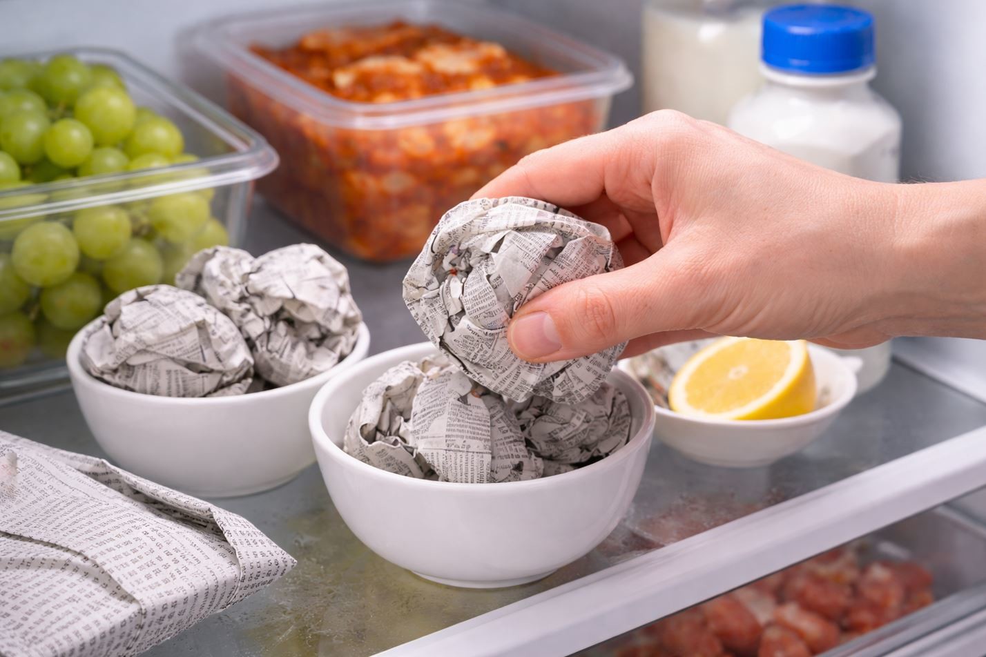 신문지를 공처럼 뭉쳐 냉장고 안에 넣은 모습. 기사 이해를 돕기 위해 AI를 활용해 제작한 자료 사진입니다. 실제 모습과 다소 차이가 있을 수 있습니다.