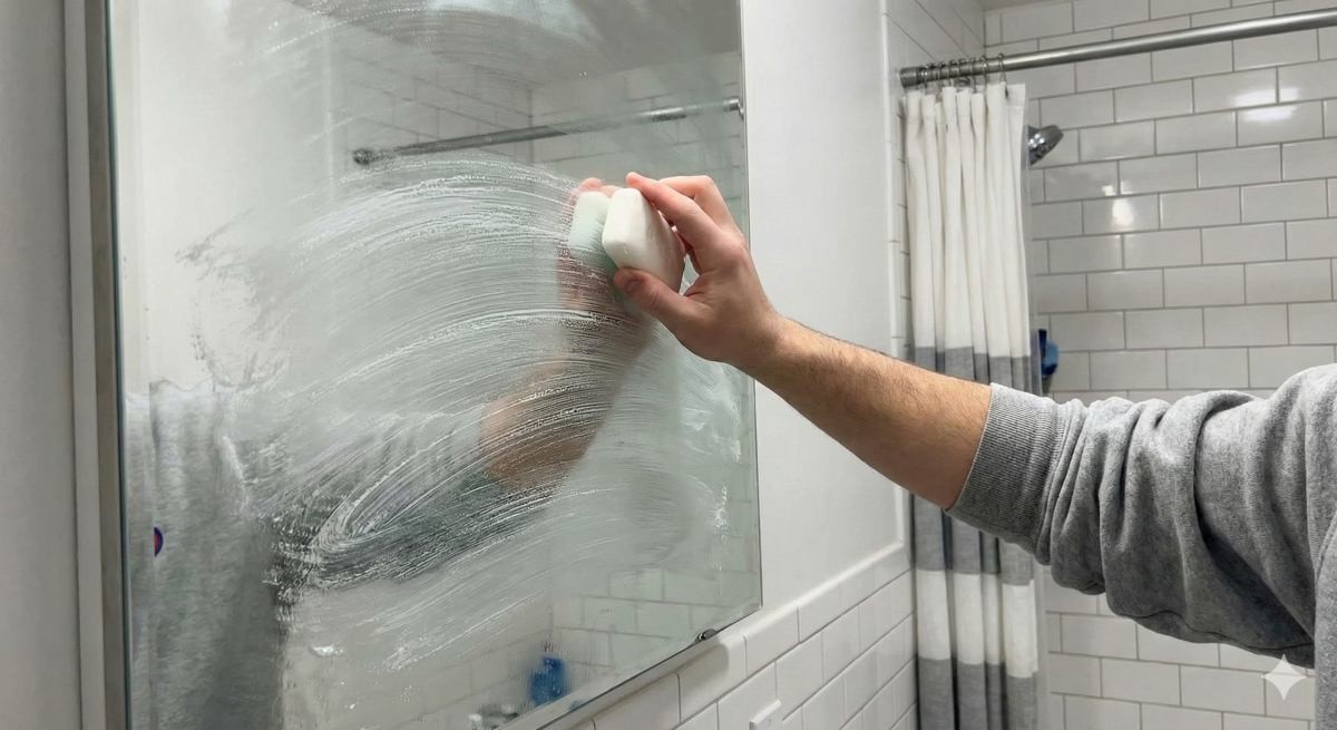 거울에 비누칠을 하는 모습(AI로 제작됨)