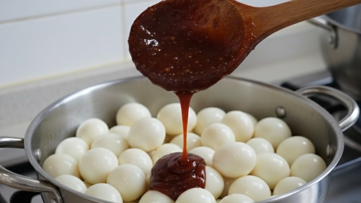 메추리알에 비법 양념장을 넣는 모습. 영상 속 장면을 AI로 재생성한 이미지.