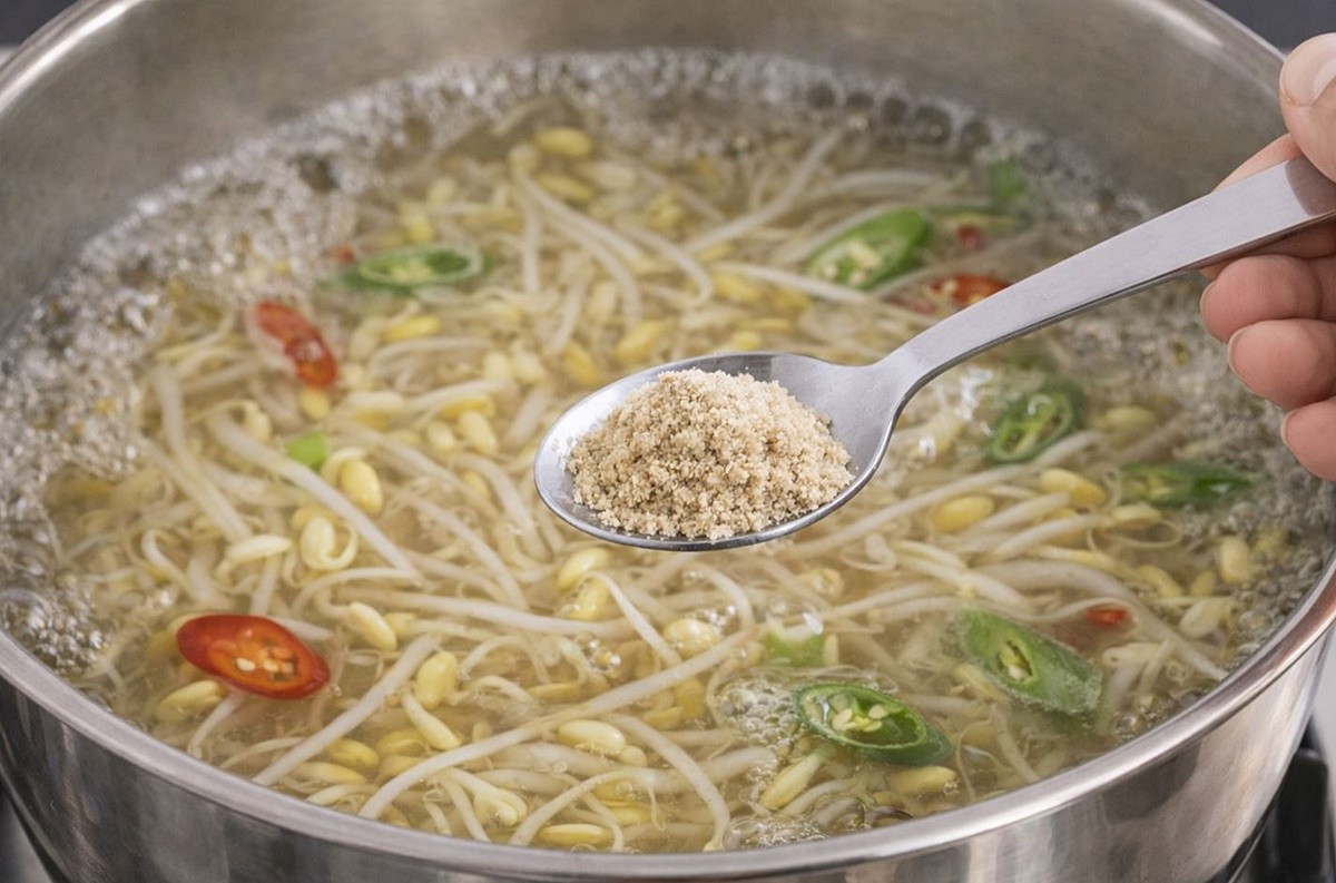 콩나물국에 멸치가루를 넣는 모습. 기사 이해를 돕기 위해 AI를 활용해 제작한 자료 사진입니다. 실제 모습과 다소 차이가 있을 수 있습니다.