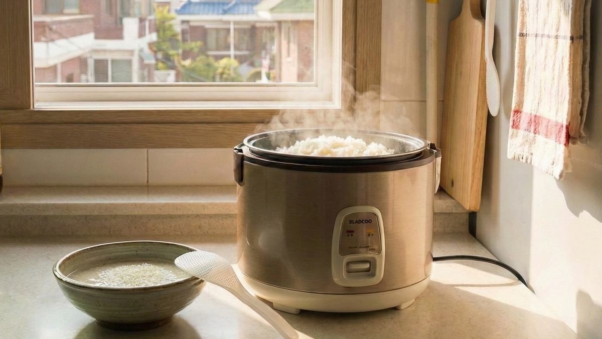 전기 밥솥에 흰 쌀밥이 들어있다. (AI로 제작된 사진)
