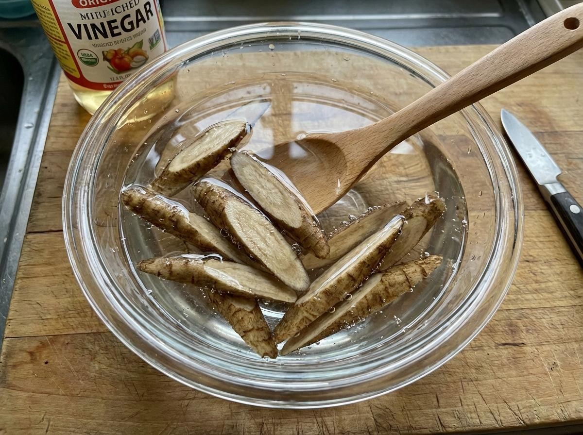 썬 우엉은 바로 식초를 약간 넣은 물에 5분 정도 담가두기. 기사 내용 토대로 AI툴 활용해 제작한 자료사진.