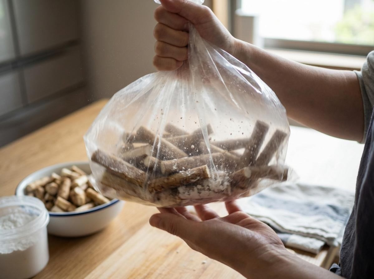 우엉에 전분가루 쉽게 묻히는 방법. 기사 내용 토대로 AI툴 활용해 제작한 자료사진.