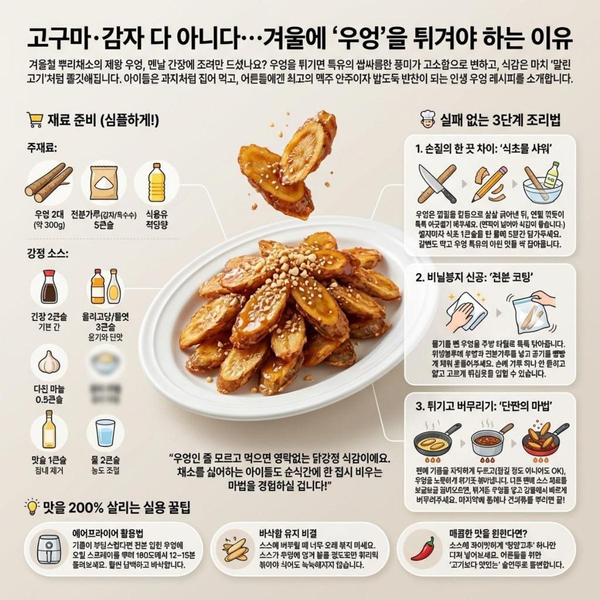 우엉강정 레시피 1장 요약. 기사 내용 토대로 AI툴 활용해 제작한 자료사진.