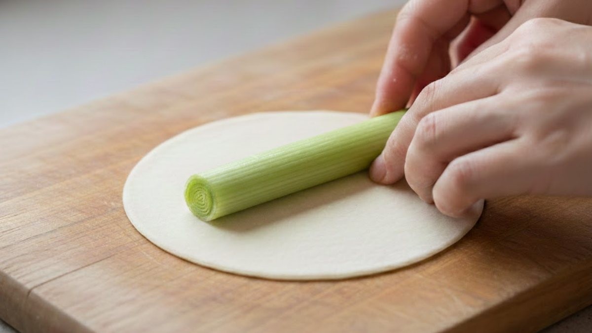 만두피에 대파를 올리는 모습. AI가 생성한 자료사진. (실제와 차이가 있을 수 있습니다.)