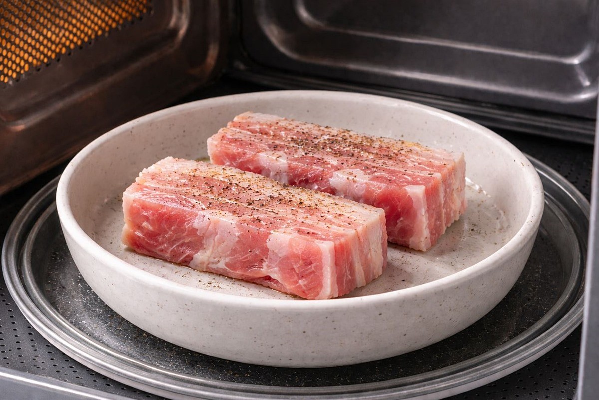 전자레인지에 삼겹살을 넣은 모습. 기사 이해를 돕기 위해 AI를 활용해 제작한 자료 사진입니다. 실제 모습과 다소 차이가 있을 수 있습니다.