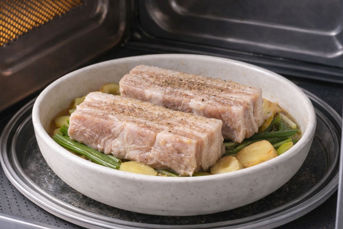 전자레인지에서 삼겹살이 익은 모습. 기사 이해를 돕기 위해 AI를 활용해 제작한 자료 사진입니다. 실제 모습과 다소 차이가 있을 수 있습니다.