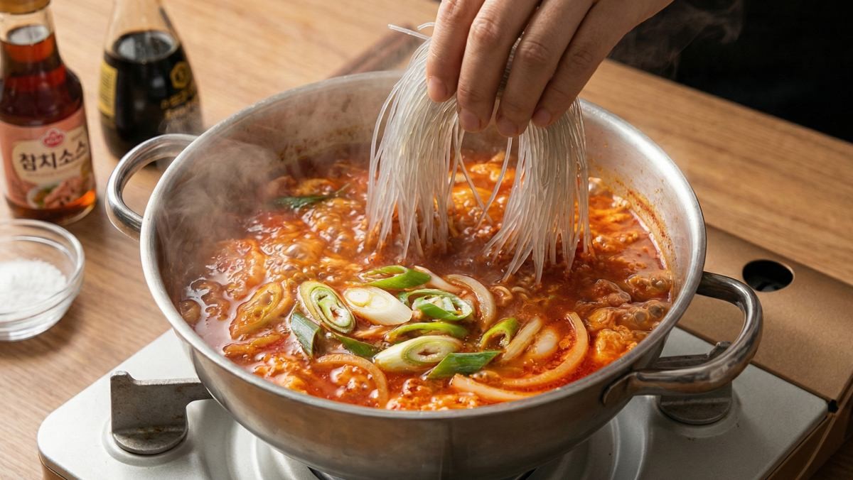 국물에 당면을 넣는 모습 (AI로 제작됨)