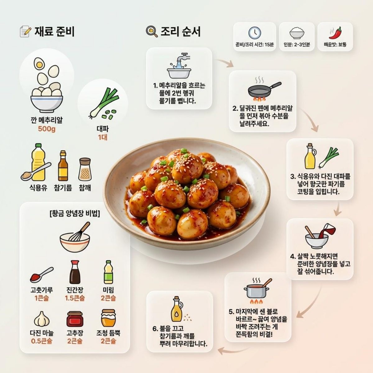 [인포그래픽] '빨간 메추리알 조림' 레시피 요약 설명. AI가 생성한 자료사진.