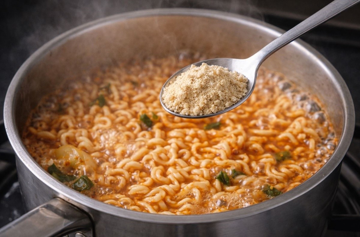 라면에 콩가루를 넣는 모습. 기사 이해를 돕기 위해 AI를 활용해 제작한 자료 사진입니다. 실제 모습과 다소 차이가 있을 수 있습니다.