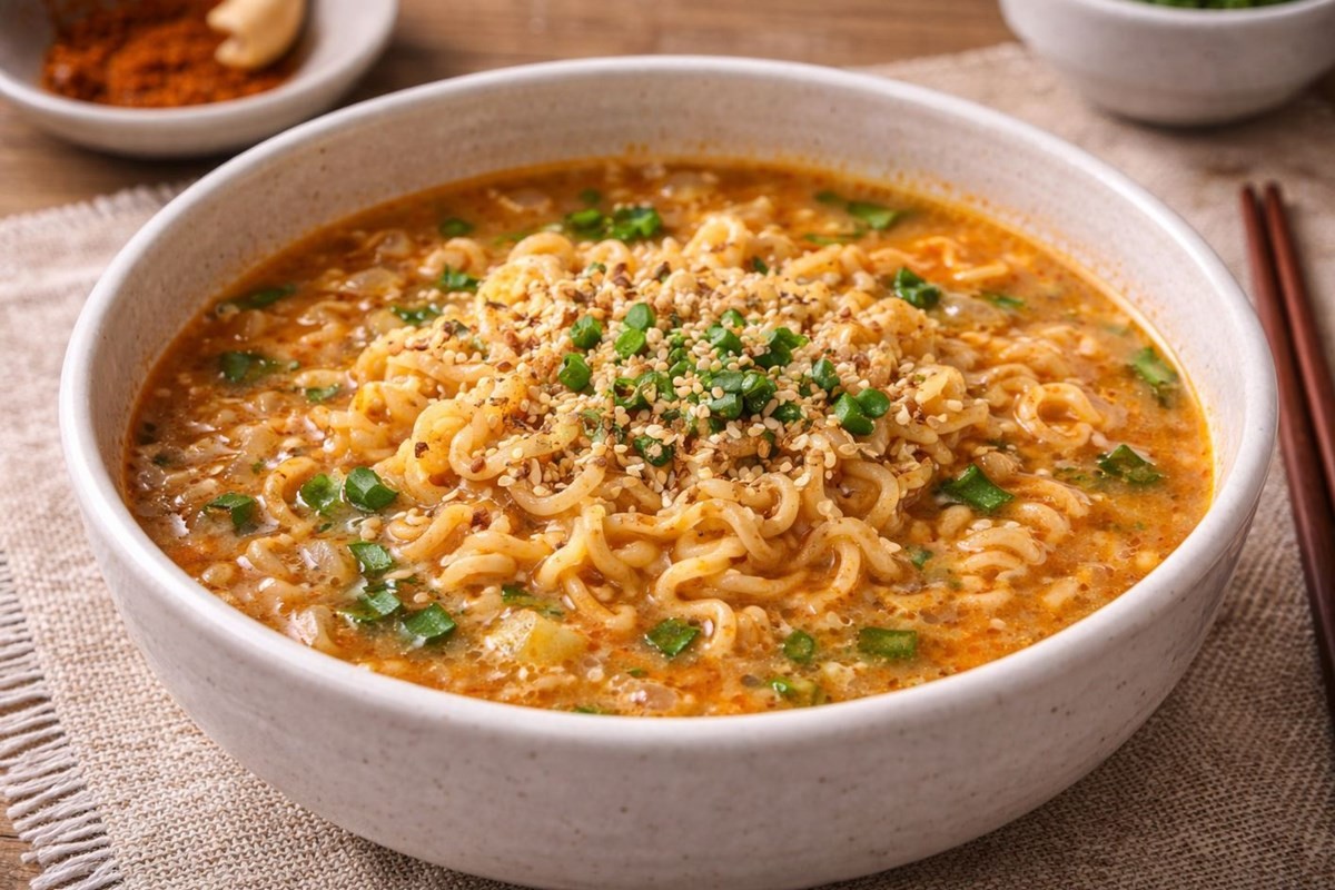 완성된 콩가루 라면 모습. 기사 이해를 돕기 위해 AI를 활용해 제작한 자료 사진입니다. 실제 모습과 다소 차이가 있을 수 있습니다.