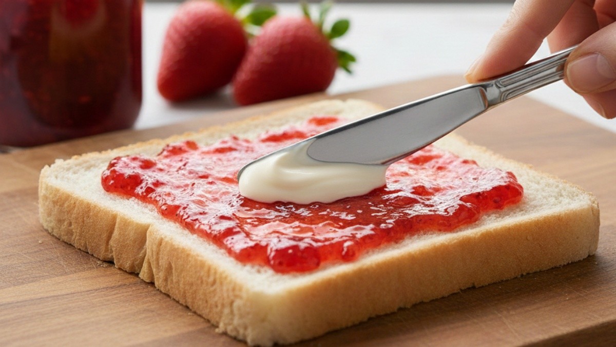 기사를 바탕으로 AI가 생성한 자료사진. 식빵에 딸기잼과 마요네즈 조합을 발라 먹을 수 있다.