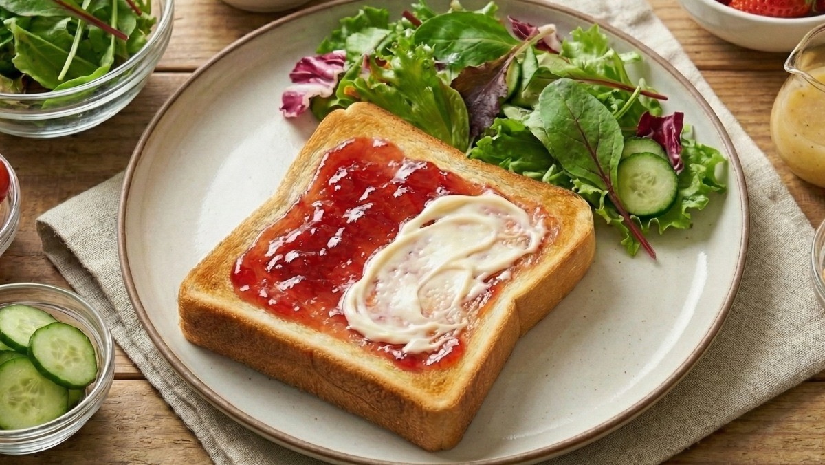 기사를 바탕으로 AI가 생성한 딸기잼+마요네즈 조합 자료사진. 식빵에는 바나나, 오이, 토마토 등 취향에 따라 다양한 토핑을 올려 먹어도 괜찮다.
