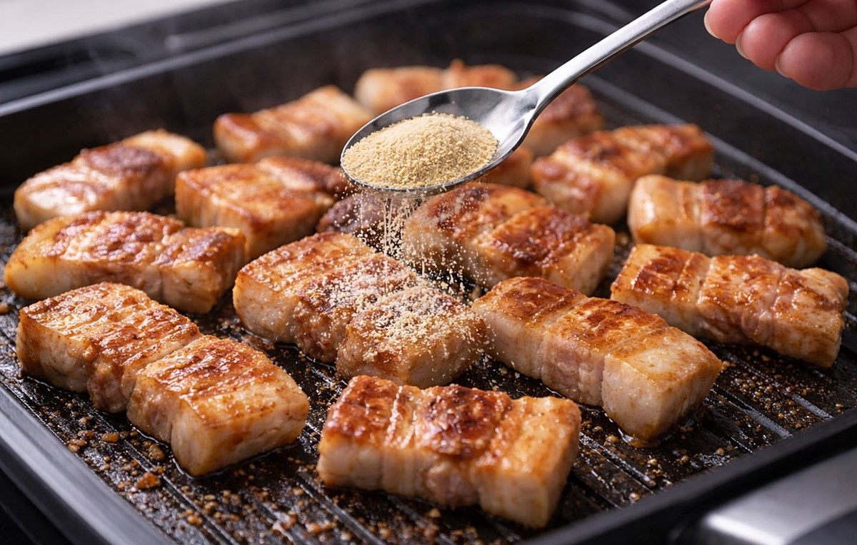 삼겹살을 구울 때 마늘가루(마늘파우더)를 뿌리는 모습. 기사 이해를 돕기 위해 AI를 활용해 제작한 자료 사진입니다. 실제 모습과 다소 차이가 있을 수 있습니다.