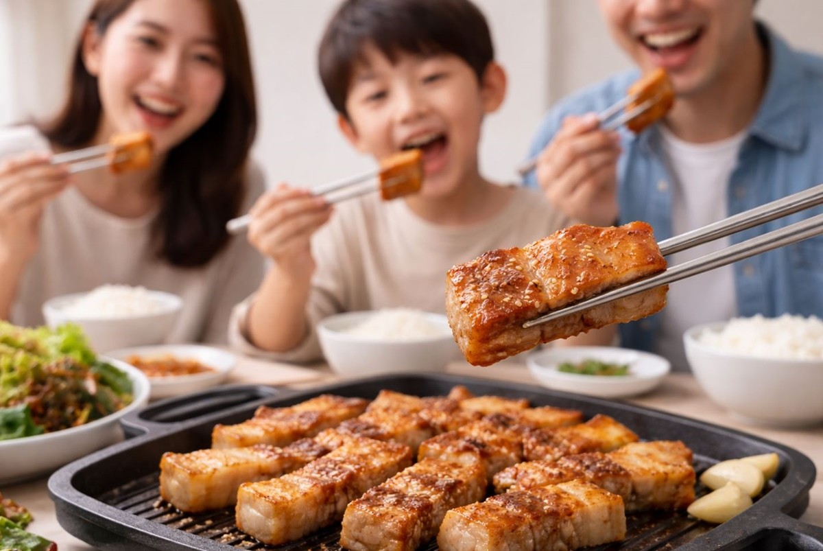 잘 구워진 삼겹살을 맛있게 먹는 모습. 기사 이해를 돕기 위해 AI를 활용해 제작한 자료 사진입니다. 실제 모습과 다소 차이가 있을 수 있습니다.