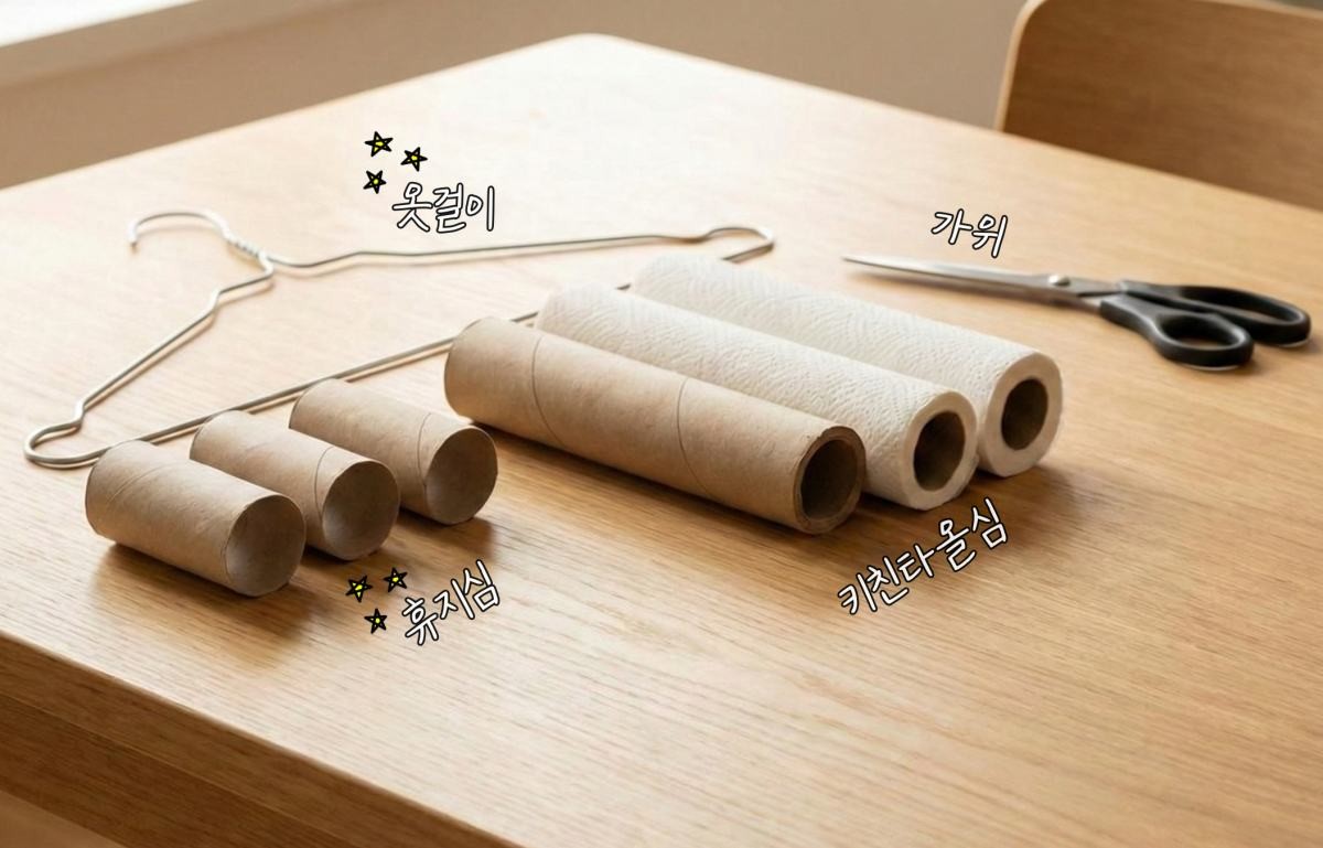 '휴지심-옷걸이' 꿀팁 실천을 위한 초간단 준비물들. 기사 내용 토대로 AI툴 활용해 제작한 자료사진.