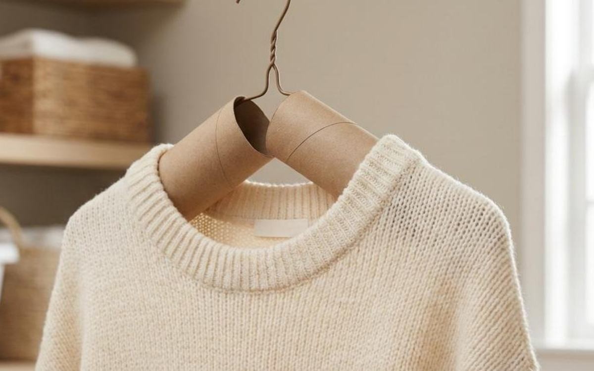 옷걸이에 휴지심 끼워 니트 어깨 부분 자국 안 남게 하기 꿀팁. 기사 내용 토대로 AI툴 활용해 제작한 자료사진.