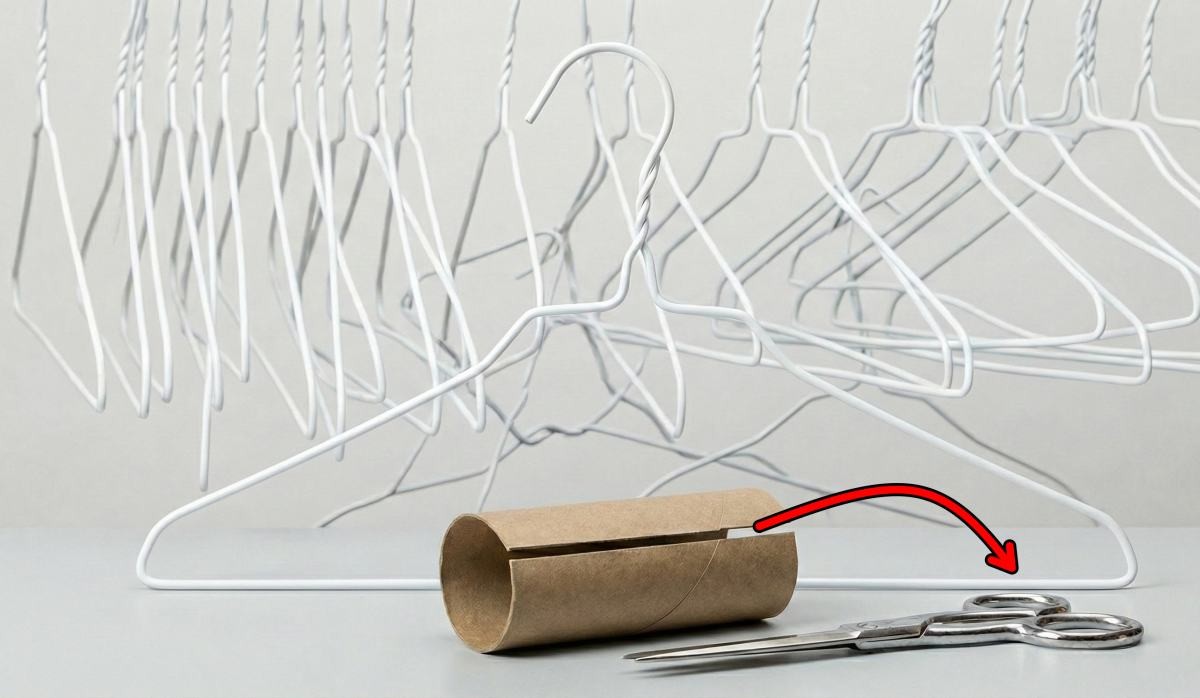 세로 방향으로 자른 휴지심을 벌려 옷걸이에 쏙 끼우기. 기사 내용 토대로 AI툴 활용해 제작한 자료사진.