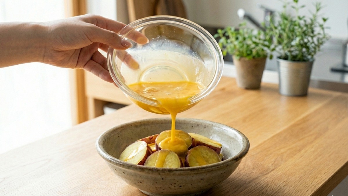 고구마에 계란물을 붓는 모습 / 기사 내용 바탕으로 제작한 AI 이미지