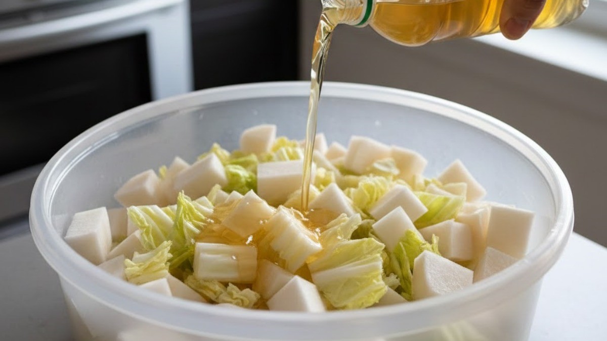 손질해둔 배추와 무에 사과주스를 붓는 모습. AI가 생성한 자료사진. (실제와 차이가 있을 수 있음을 알립니다.)