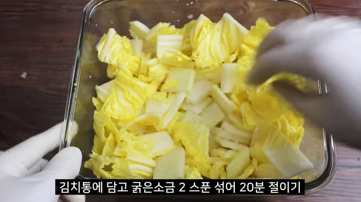 김치통에 배추와 무를 한가득 넣고 절이는 모습. / 유튜브 '집밥 korean home cooking'