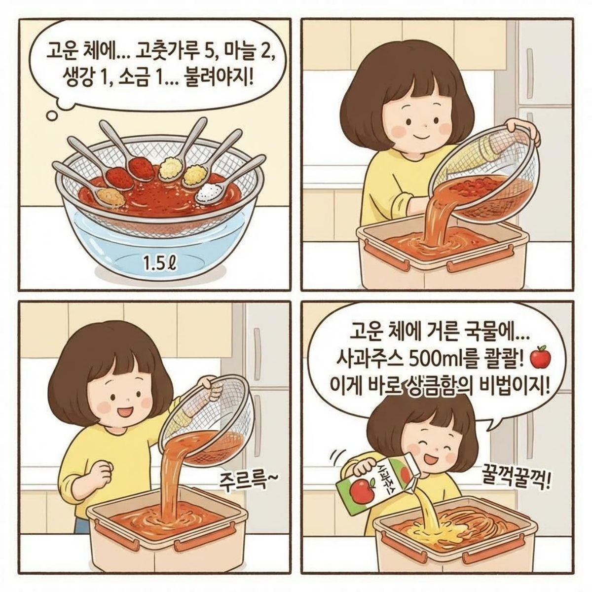 [만화] 양념장을 만들어 부은 후 킥포인트인 사과주스를 '콸콸' 붓는다. AI툴로 만든 이미지.