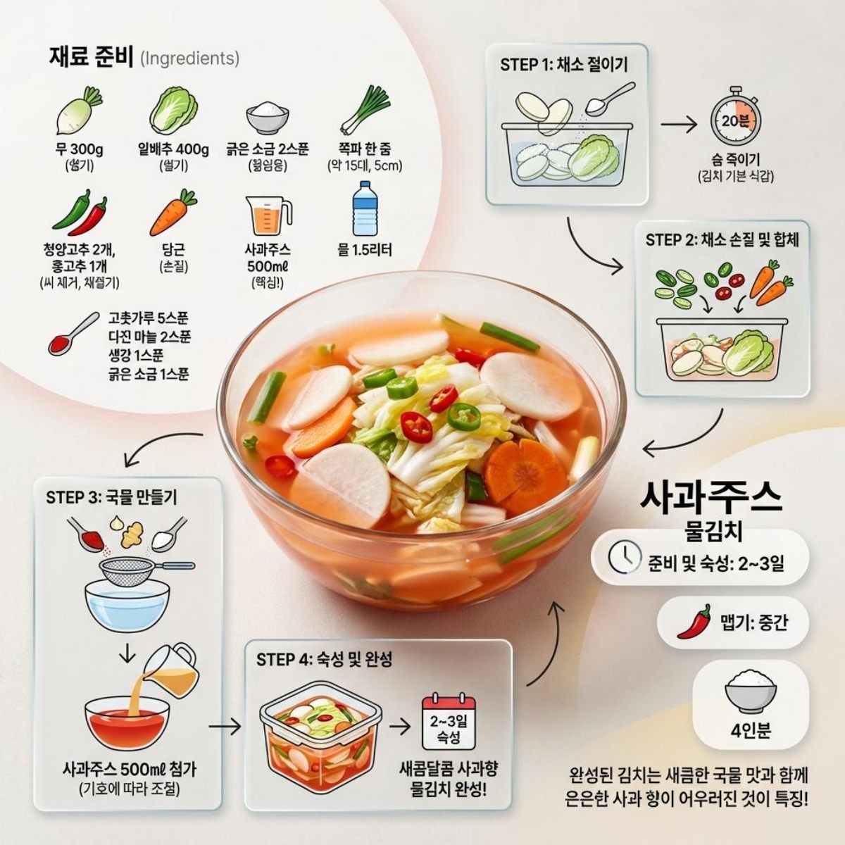 [만화] 양념장을 만들어 부은 후 킥포인트인 사과주스를 '콸콸' 붓는다. AI툴로 만든 이미지.