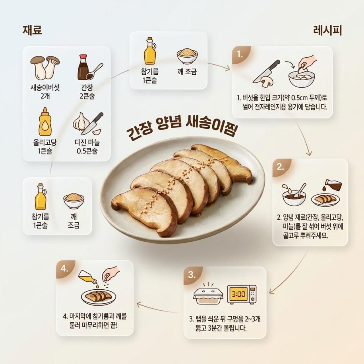 간장 양념 새송이찜 요약 레시피. 기사 내용 토대로 AI툴 활용해 제작한 자료사진.