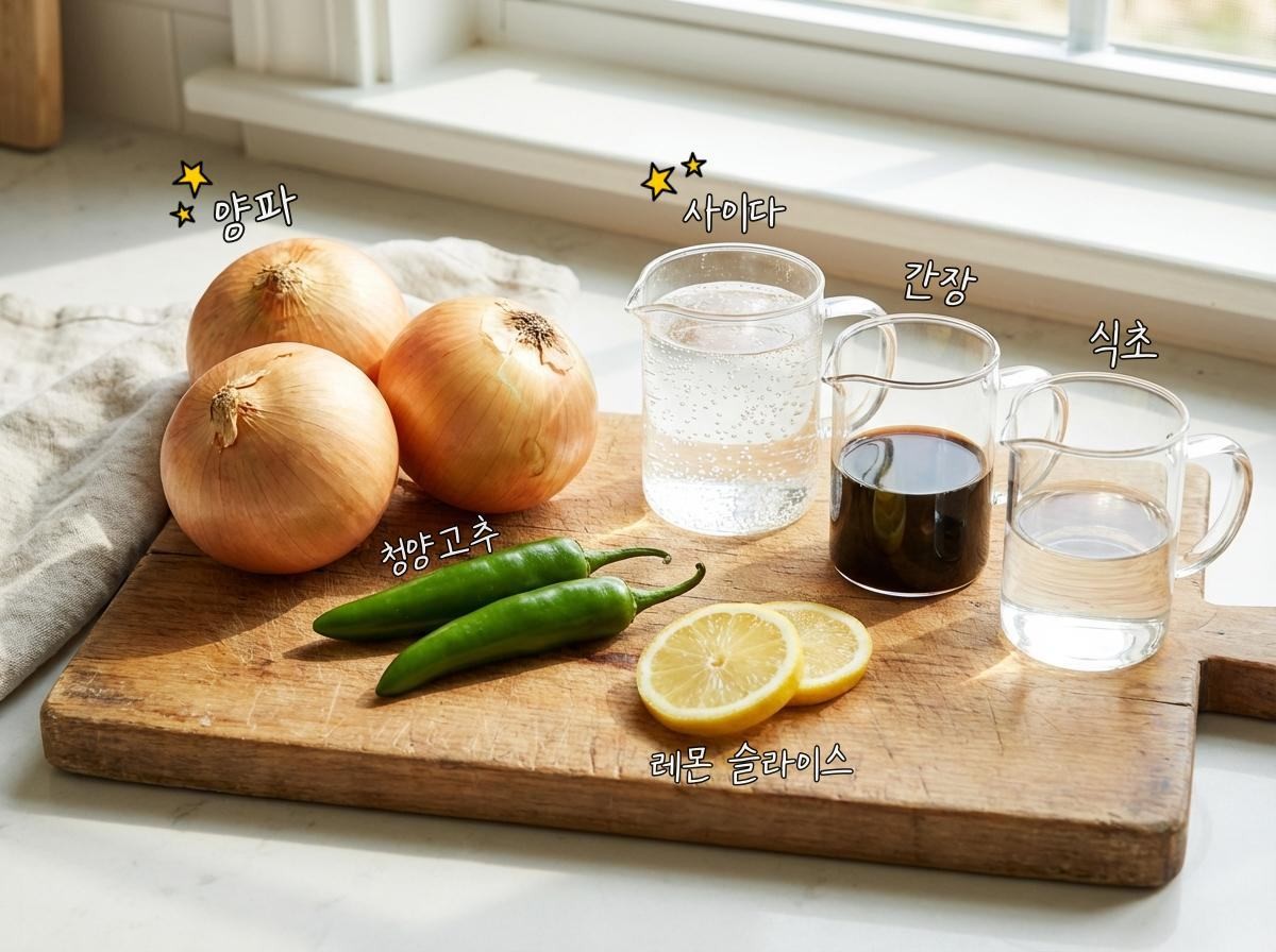 사이다 양파 장아찌 준비 재료들. 기사 내용 토대로 AI툴 활용해 제작한 자료사진.