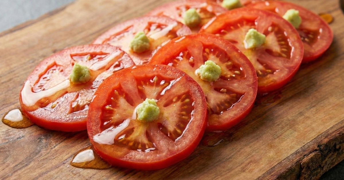 토마토, 꿀, 와사비 조합. AI 툴로 생성한 이미지. 꿀 대신 알룰로스를 사용해도 된다.