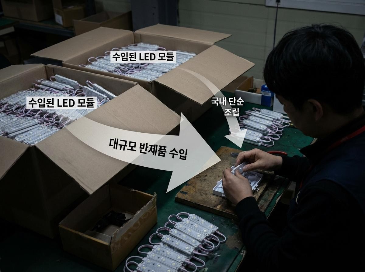완제품이 아닌 반제품 형태의 조명 기기를 수입해 국내 공장에서 컨버터를 연결하거나 커버를 씌우는 등 일부 공정만을 거쳐 판매한 것으로 파악돼. 기사 내용 토대로 AI툴 활용해 제작한 자료사진.
